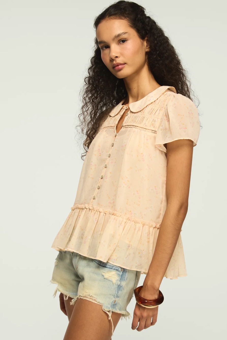 RUCHED HENLEY SWING TOP — PEACH FLORAL — image 4