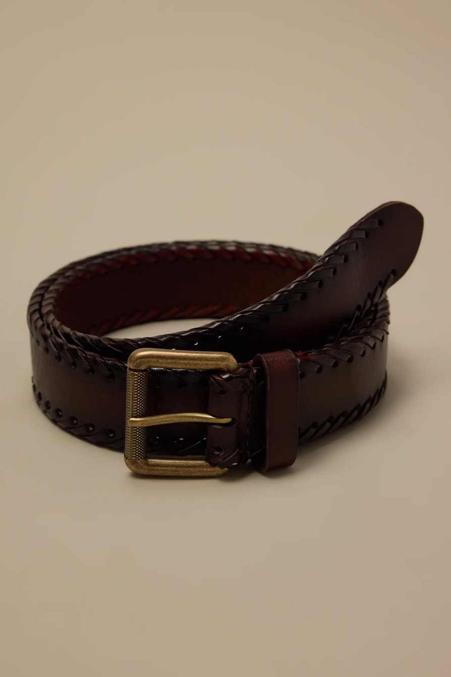 STITCHED LEATHER BELT — DARK BROWN — image 1