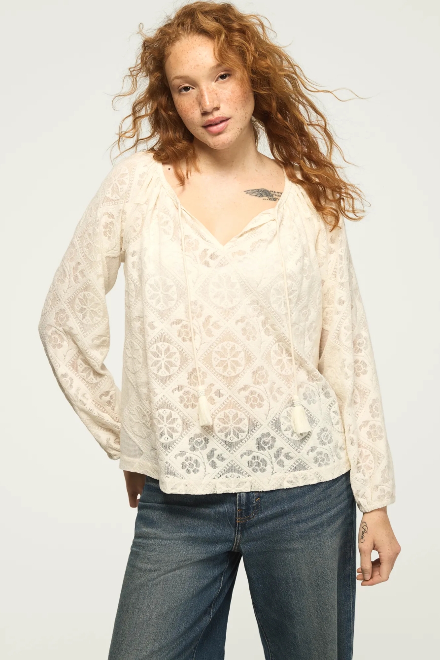 LONG SLEEVE LACE PEASANT TOP — CREAM — image 1