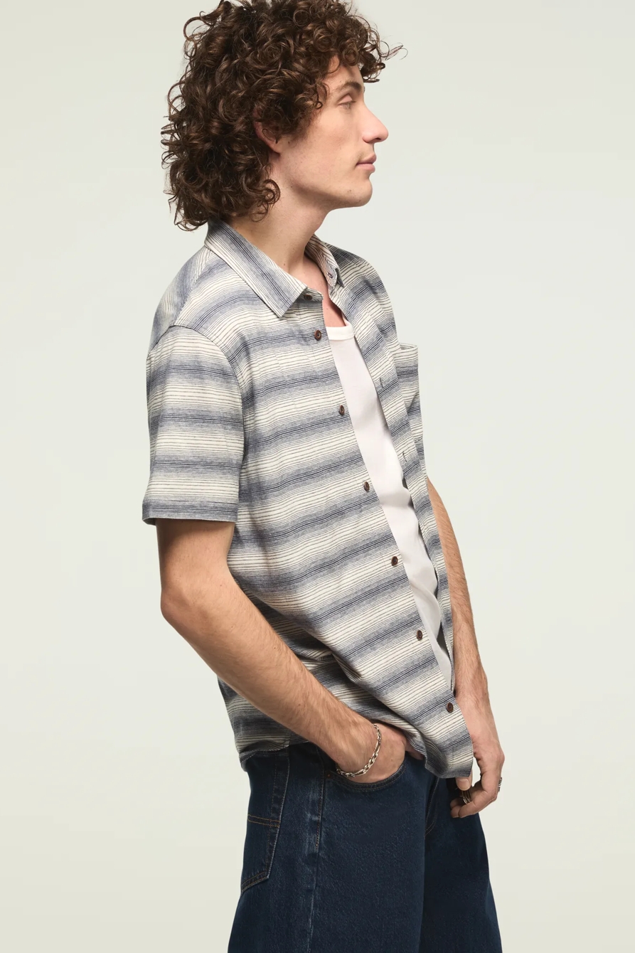 LINEN STRIPED SHORT SLEEVE SHIRT — BLUE MULTI — image 4