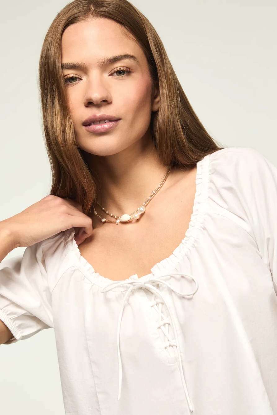 SHORT SLEEVE TIE NECK BLOUSE — BRIGHT WHITE — image 2