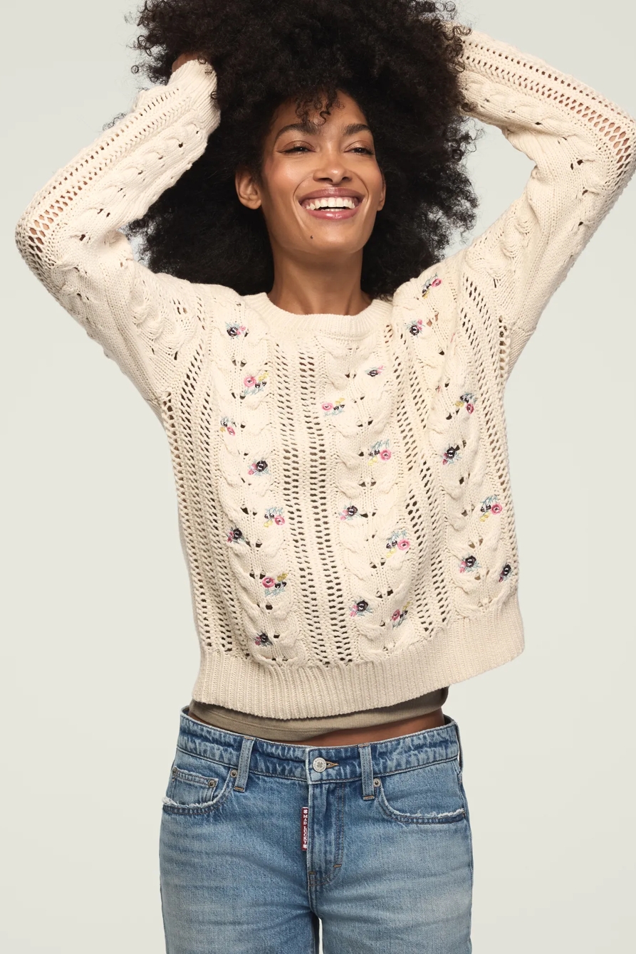FLORAL EMBROIDERED CREW NECK SWEATER — WHITECAP GRAY — image 1