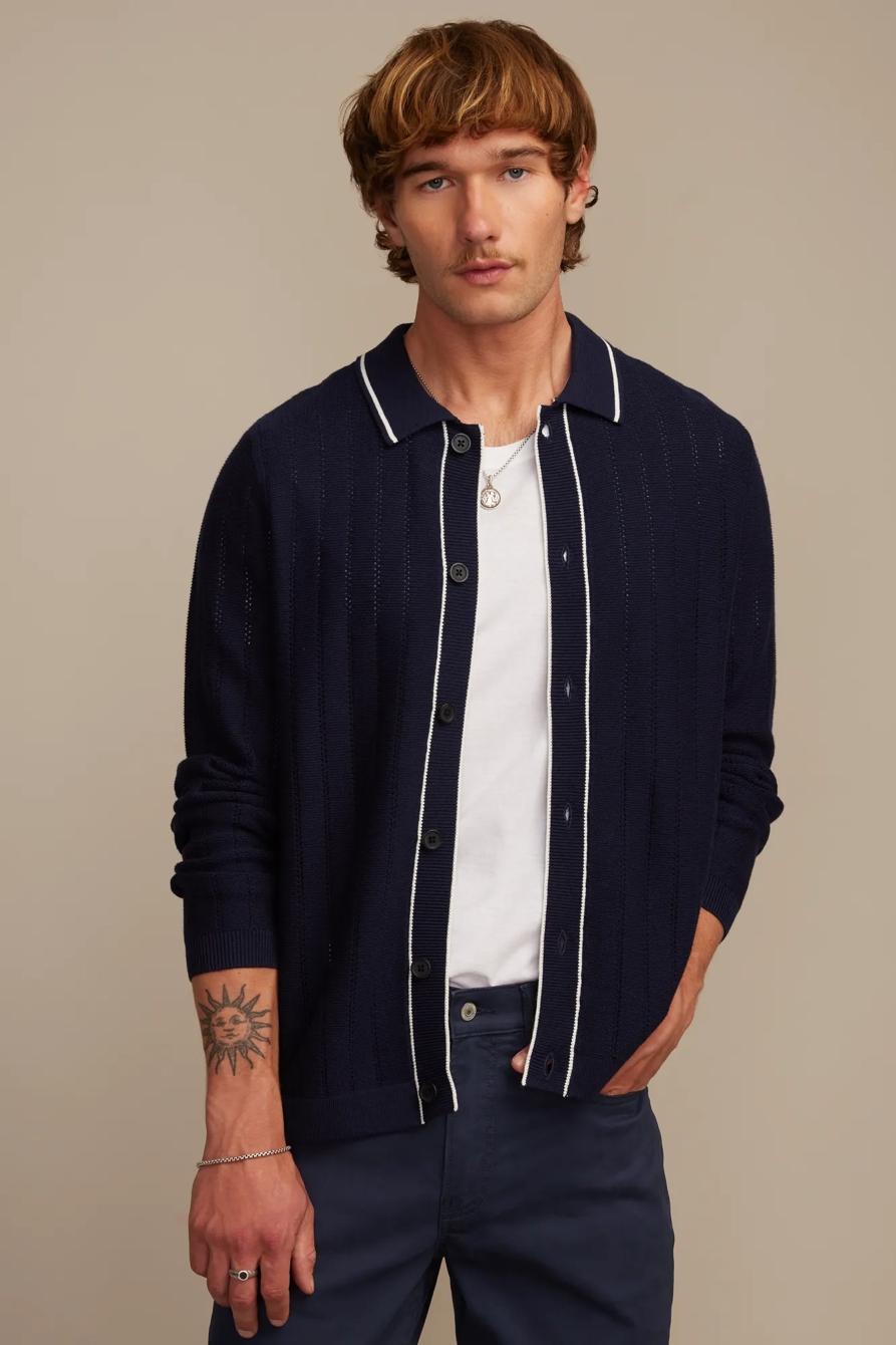 LONG SLEEVE BUTTON DOWN SWEATER — CADET NAVY — image 3