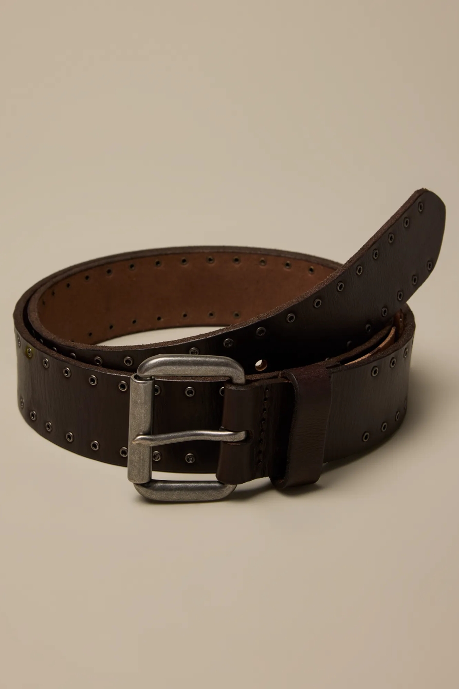 EYELET LEATHER BELT WITH ROLLER BUCKLE — BROWN — image 1
