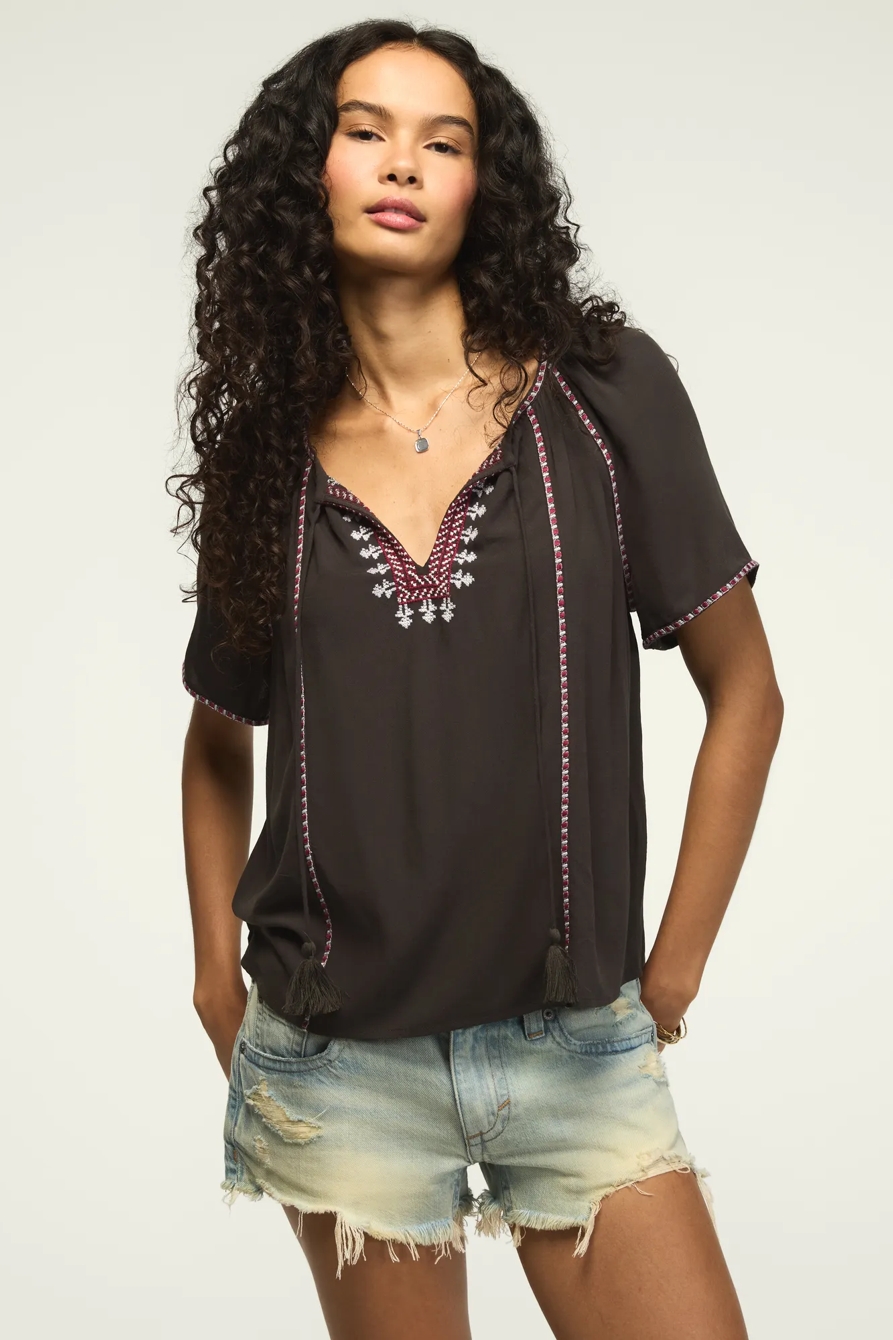 SHORT SLEEVE EMBROIDERED PEASANT — RAVEN — image 1