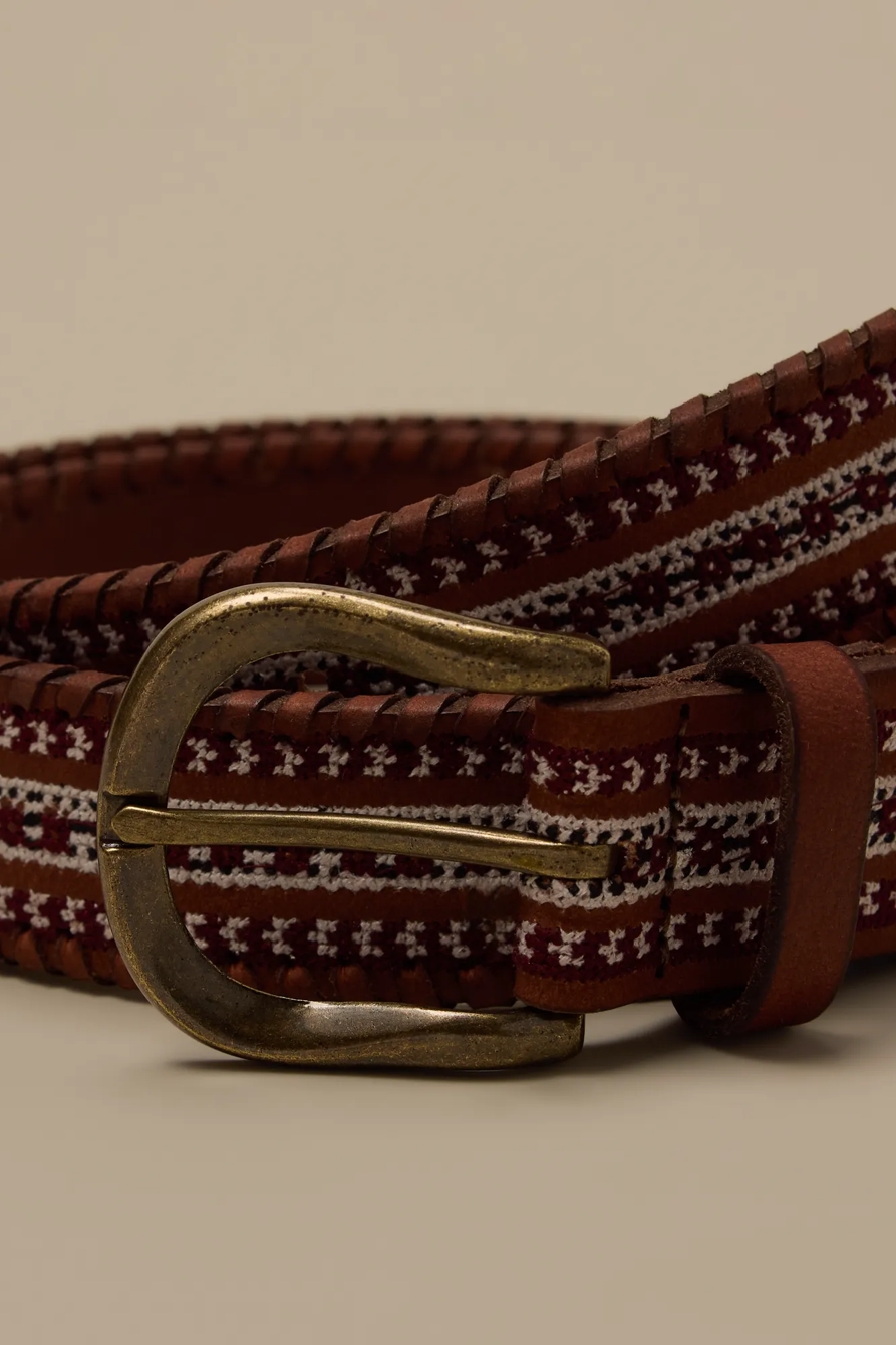LEATHER LACED AND EMBROIDERED BELT — BROWN — image 3