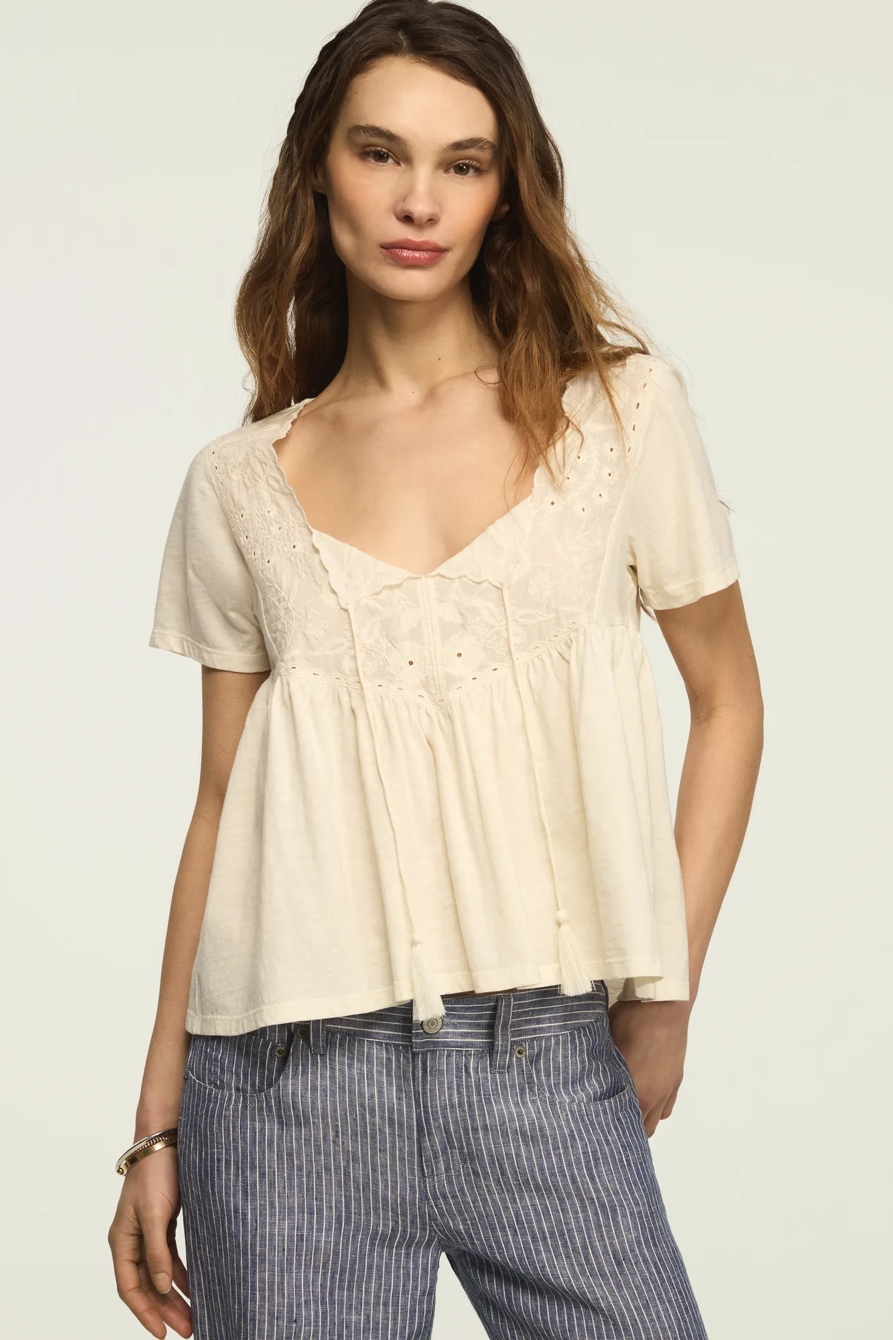EMBROIDERED YOKE TASSLE TOP — WHISPER WHITE — image 1