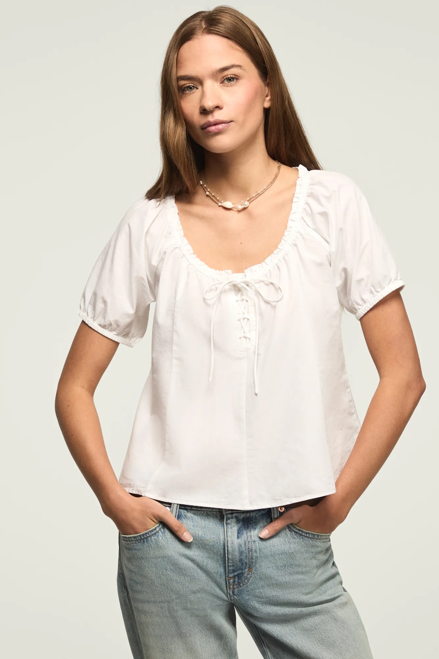 SHORT SLEEVE TIE NECK BLOUSE — BRIGHT WHITE — image 1