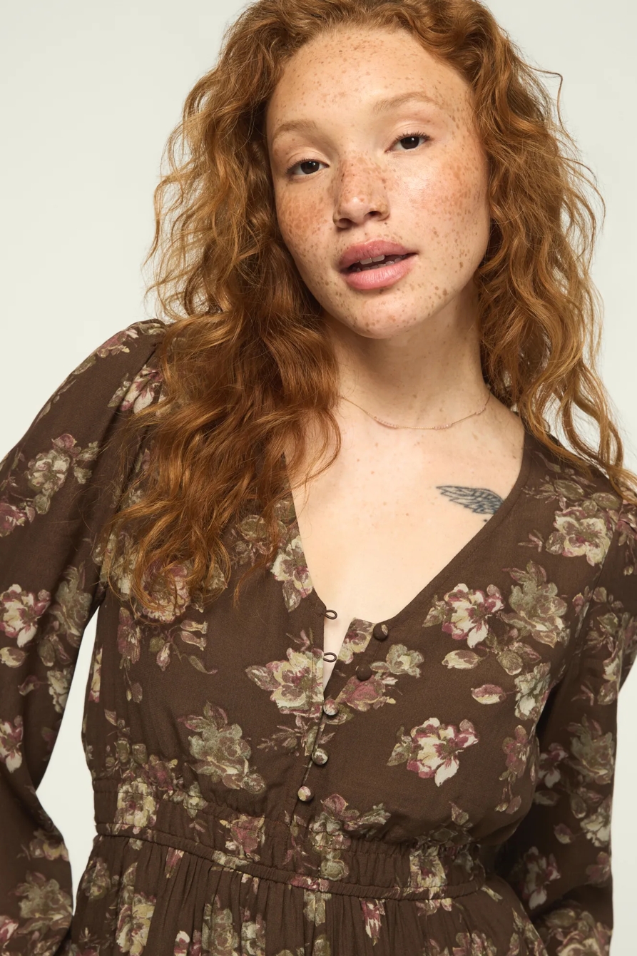 LONG SLEEVE SMOCKED WAIST MINI DRESS — TAUPE FLORAL — image 5