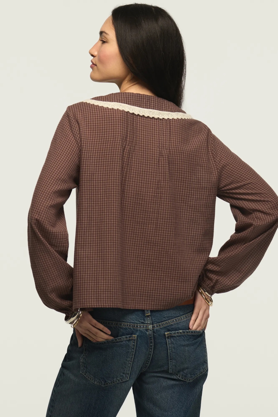 LONG SLEEVE PETER PAN COLLAR TOP — BROWN GINGHAM — image 3