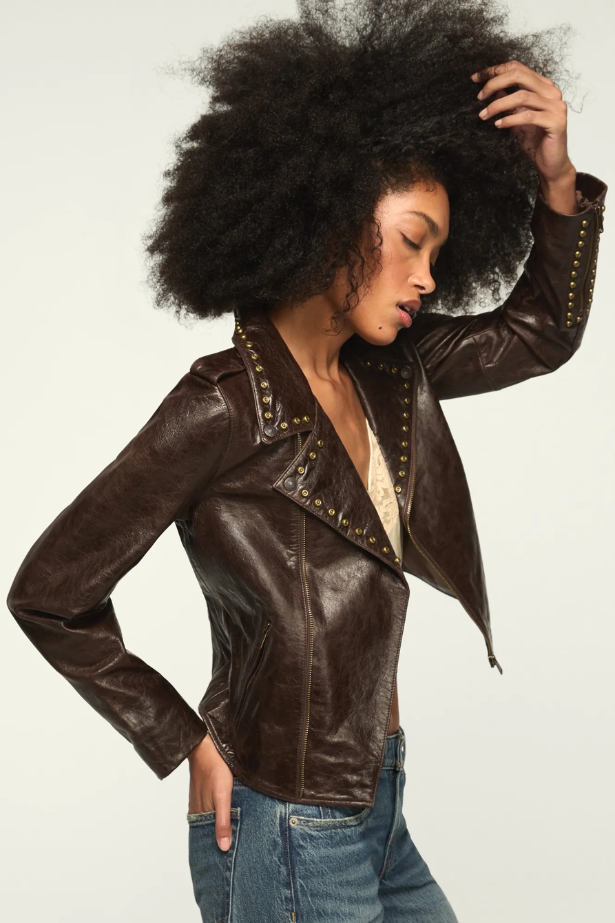 STUDDED MOTO LEATHER JACKET — CHICORY COFFEE — image 4
