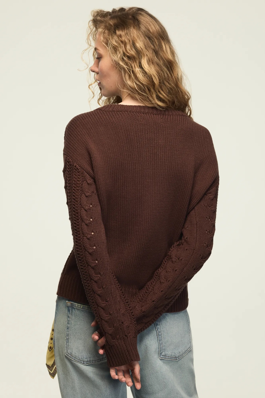 OPEN CABLE CREW NECK SWEATER — HOT FUDGE — image 3