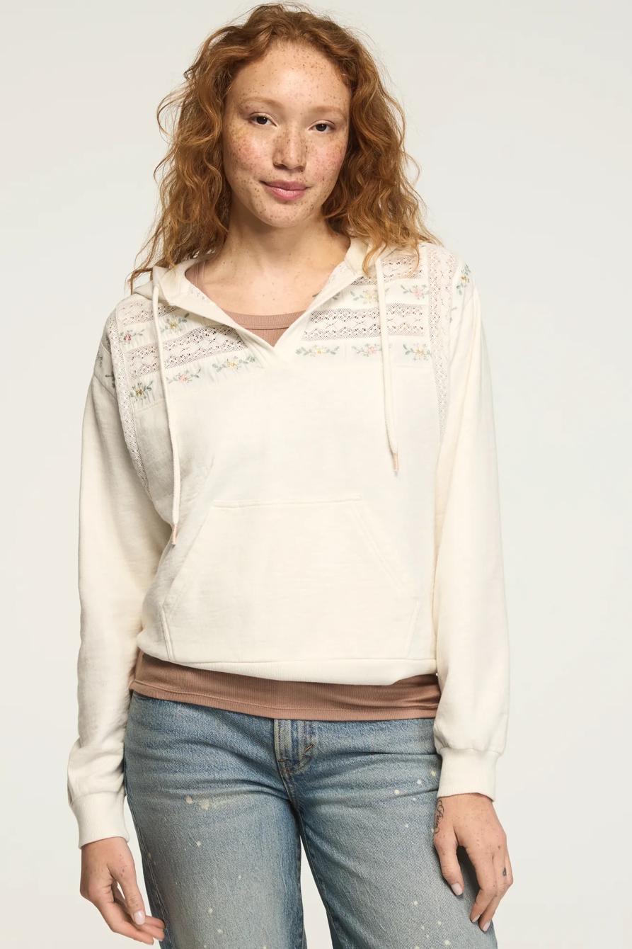 EMBROIDERED TRIM MIX HOODIE — GARDENIA — image 2