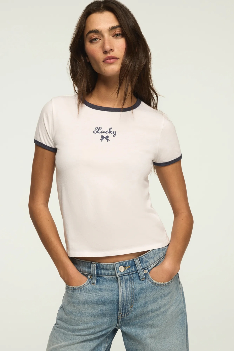 LUCKY BOW CROP RINGER TEE — BRIGHT WHITE — image 1