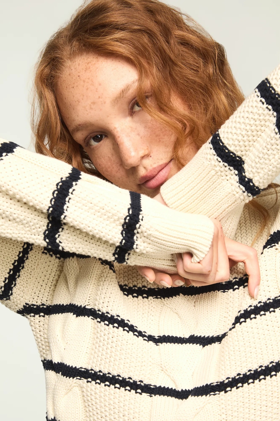 STRIPED CABLE CREW NECK SWEATER — TOFU — image 2