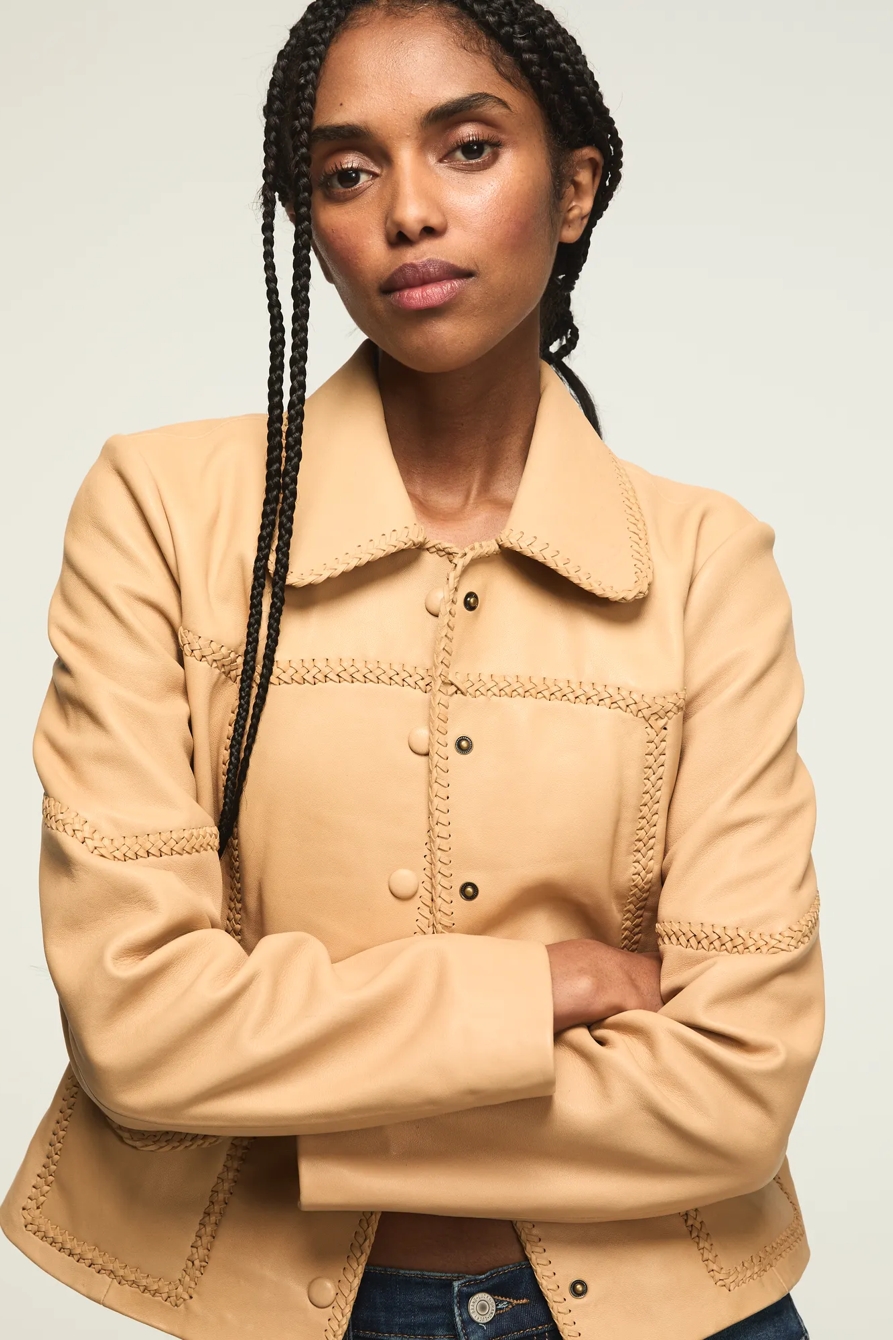 FESTIVAL BRAIDED SEAMED LEATHER JACKET — TAN — image 6