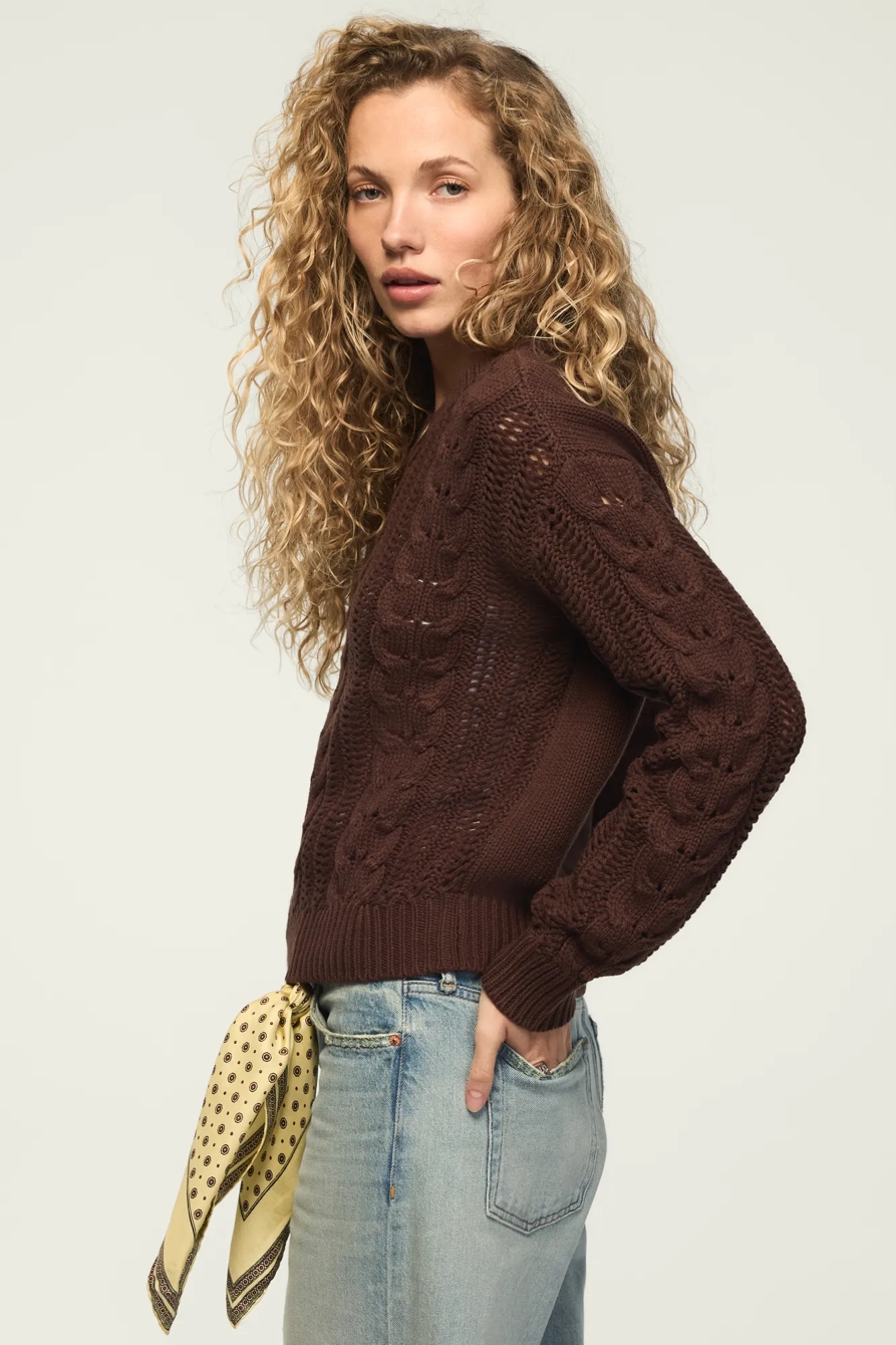 OPEN CABLE CREW NECK SWEATER — HOT FUDGE — image 4