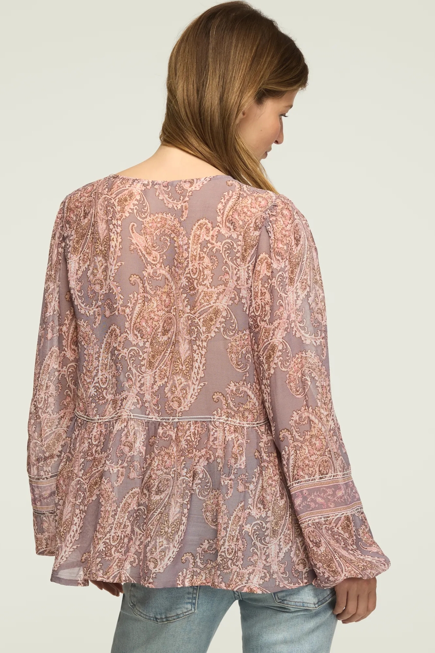 LONG SLEEVE PAISLEY PRINT MIX PEASANT TOP — PURPLE PAISLEY — image 3