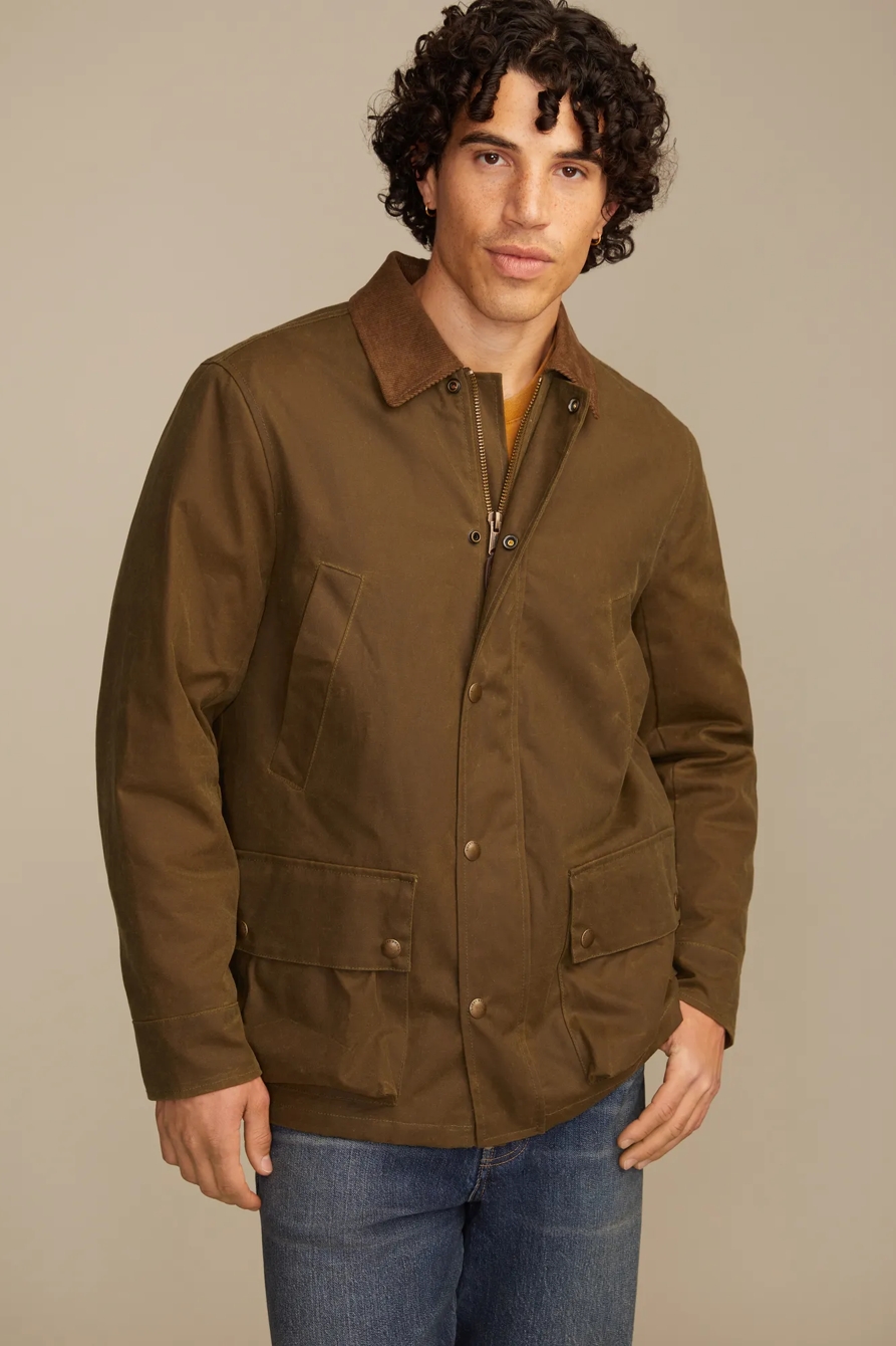 CORDUROY COLLAR WAXED BARN JACKET — DARK OLIVE — image 1