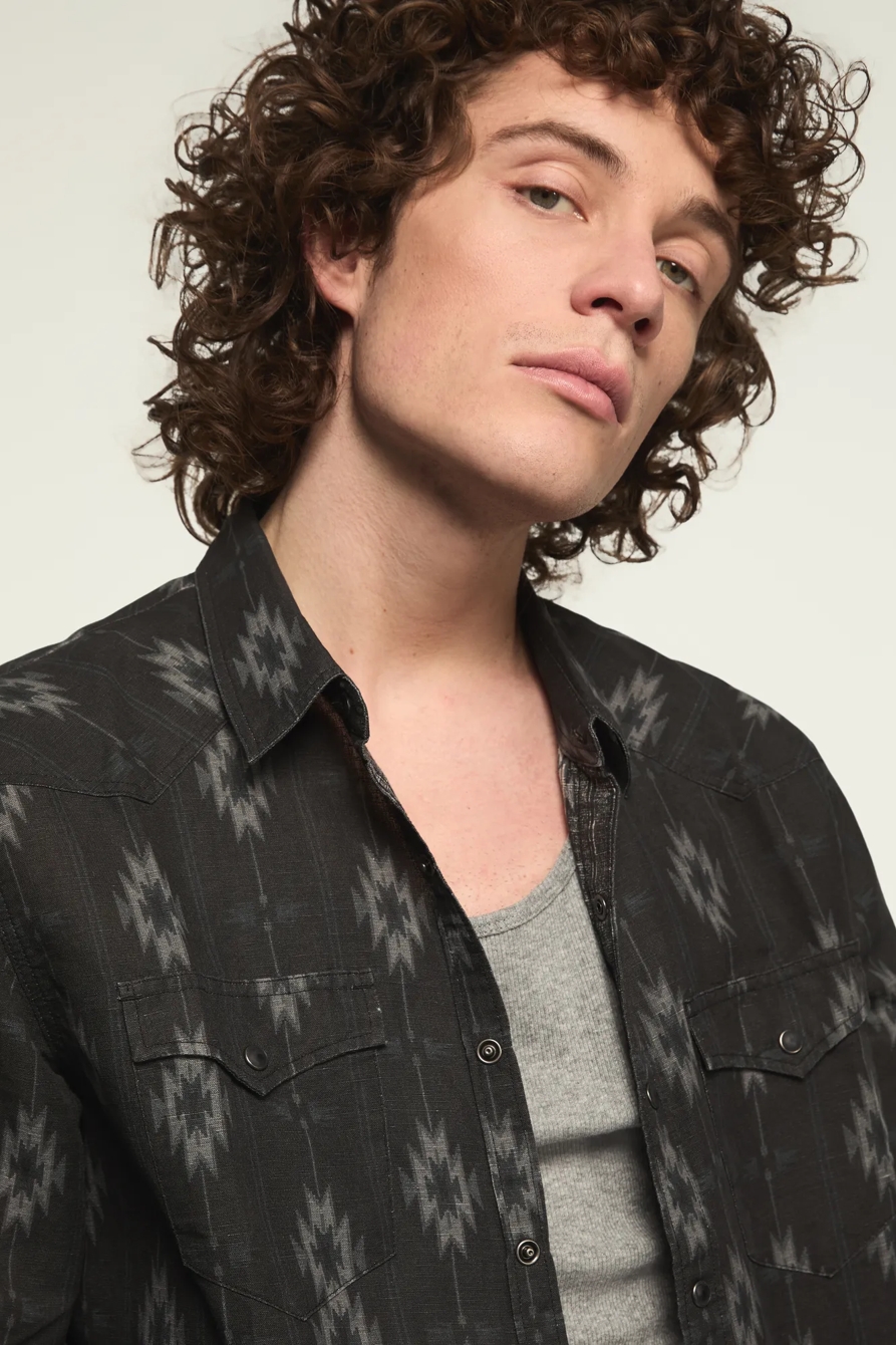 LINEN LONG SLEEVE WESTERN SHIRT — BLACK MULTI — image 2