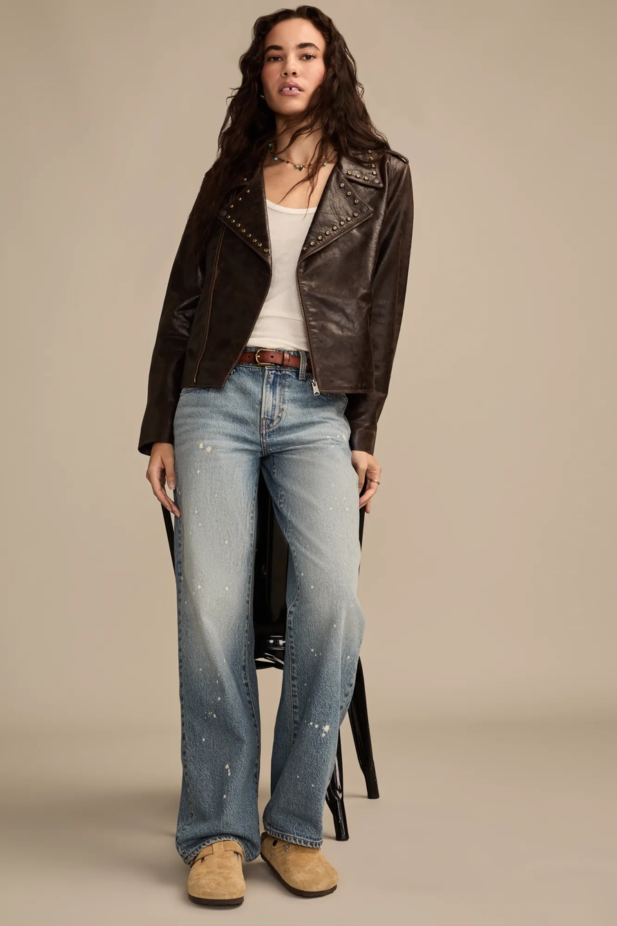 STUDDED MOTO LEATHER JACKET — CHICORY COFFEE — image 6