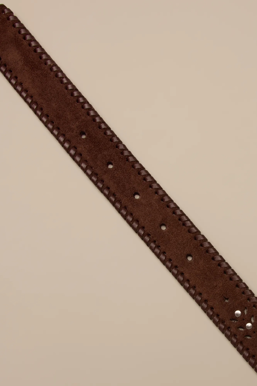 SUEDE LACED AND STUDDED LEATHER BELT — DARK BROWN — image 2