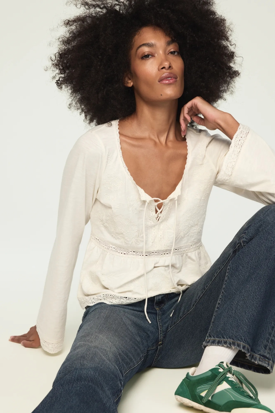 TRIM MIX BABYDOLL TOP — GARDENIA — image 5