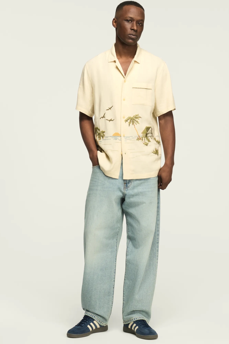 SHORT SLEEVE CROSS STITCH CAMP COLLAR SHIRT — NATURAL MULTI — image 5