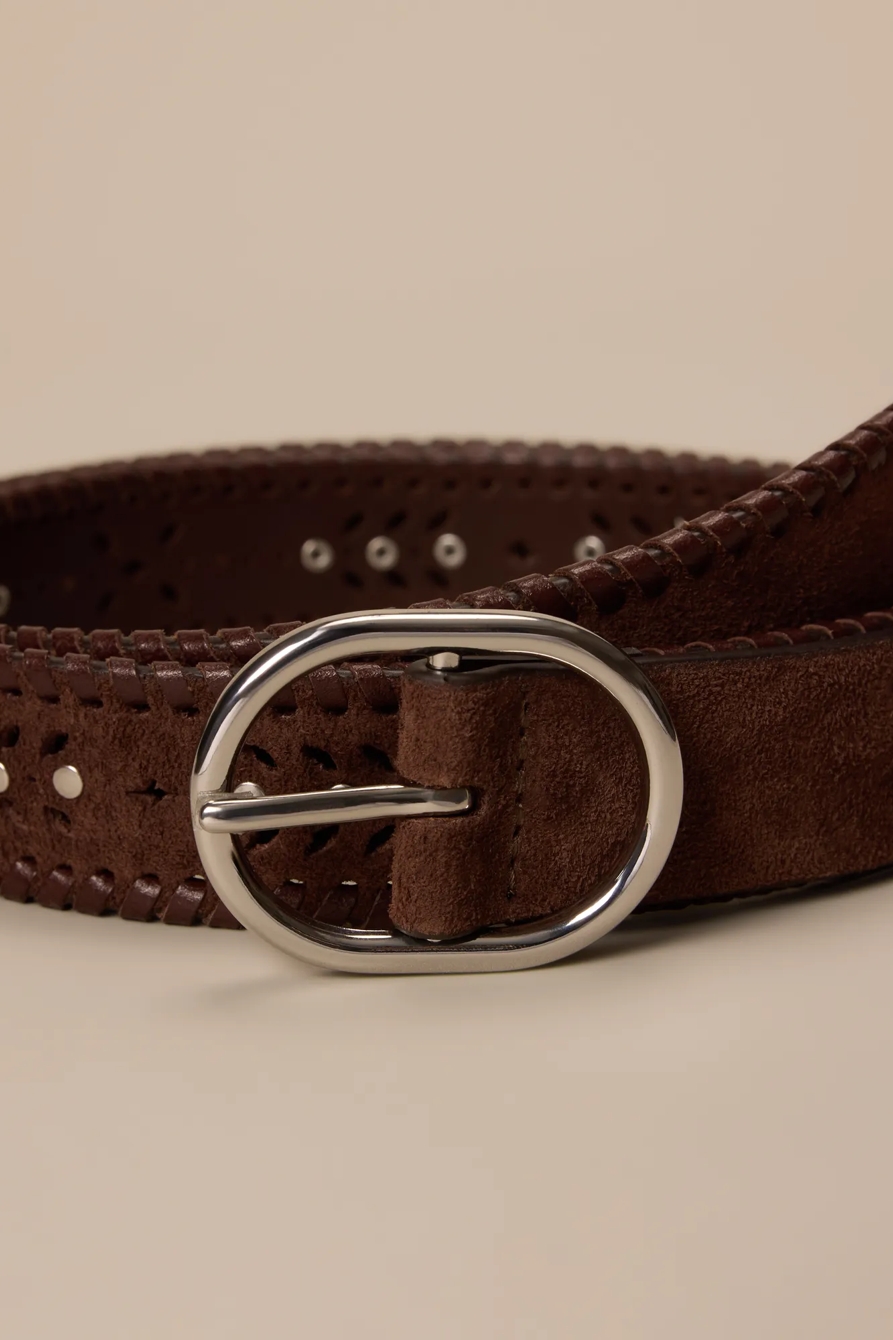 SUEDE LACED AND STUDDED LEATHER BELT — DARK BROWN — image 3
