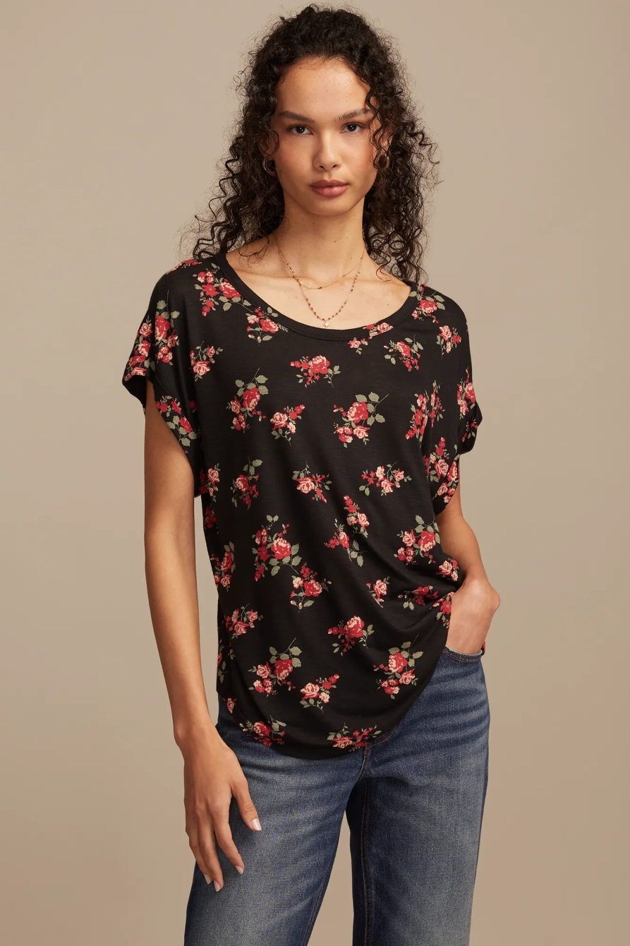SHORT SLEEVE SANDWASH DOLMAN TEE — BLACK FLORAL — image 1