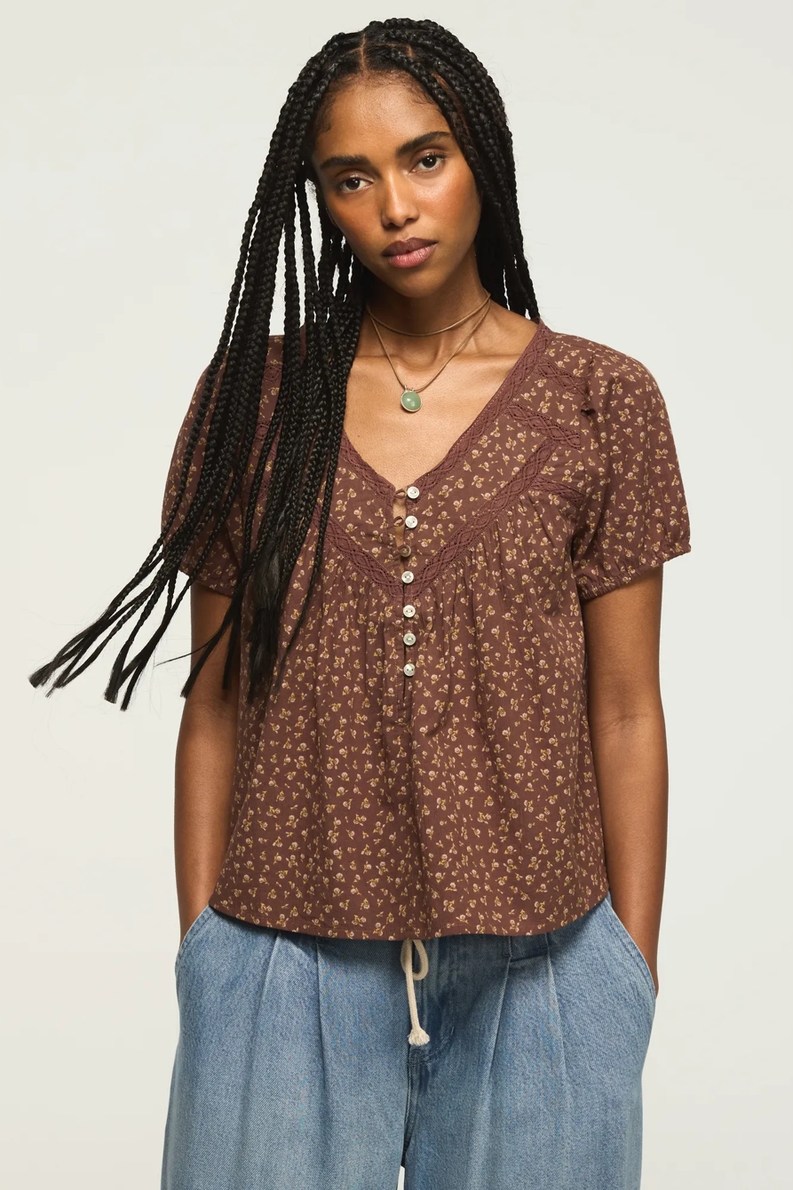 LACE HENLEY PEASANT BLOUSE — Brown Floral — image 1