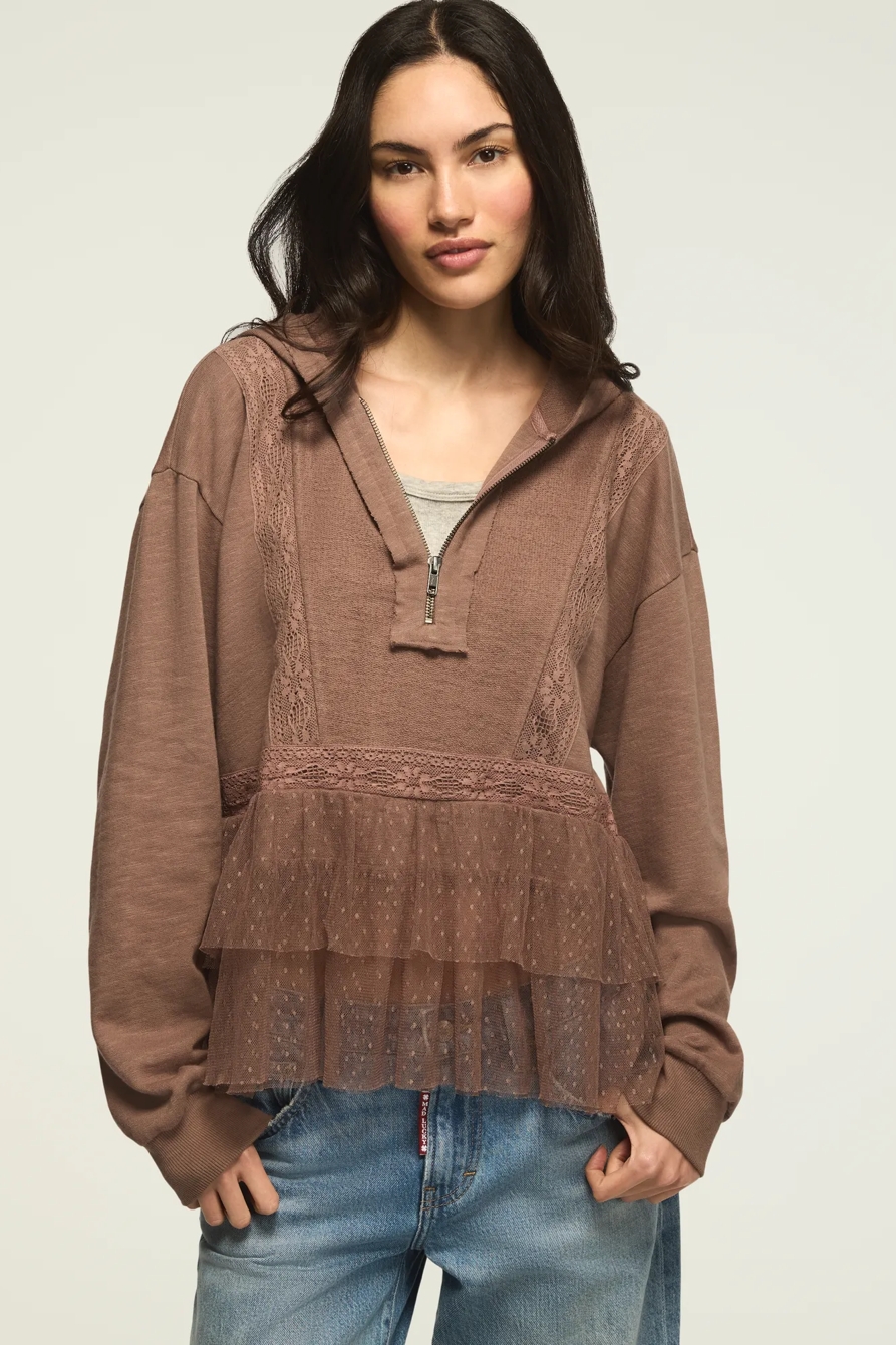 LACE TRIM PEPLUM ZIP UP — DEEP TAUPE — image 1