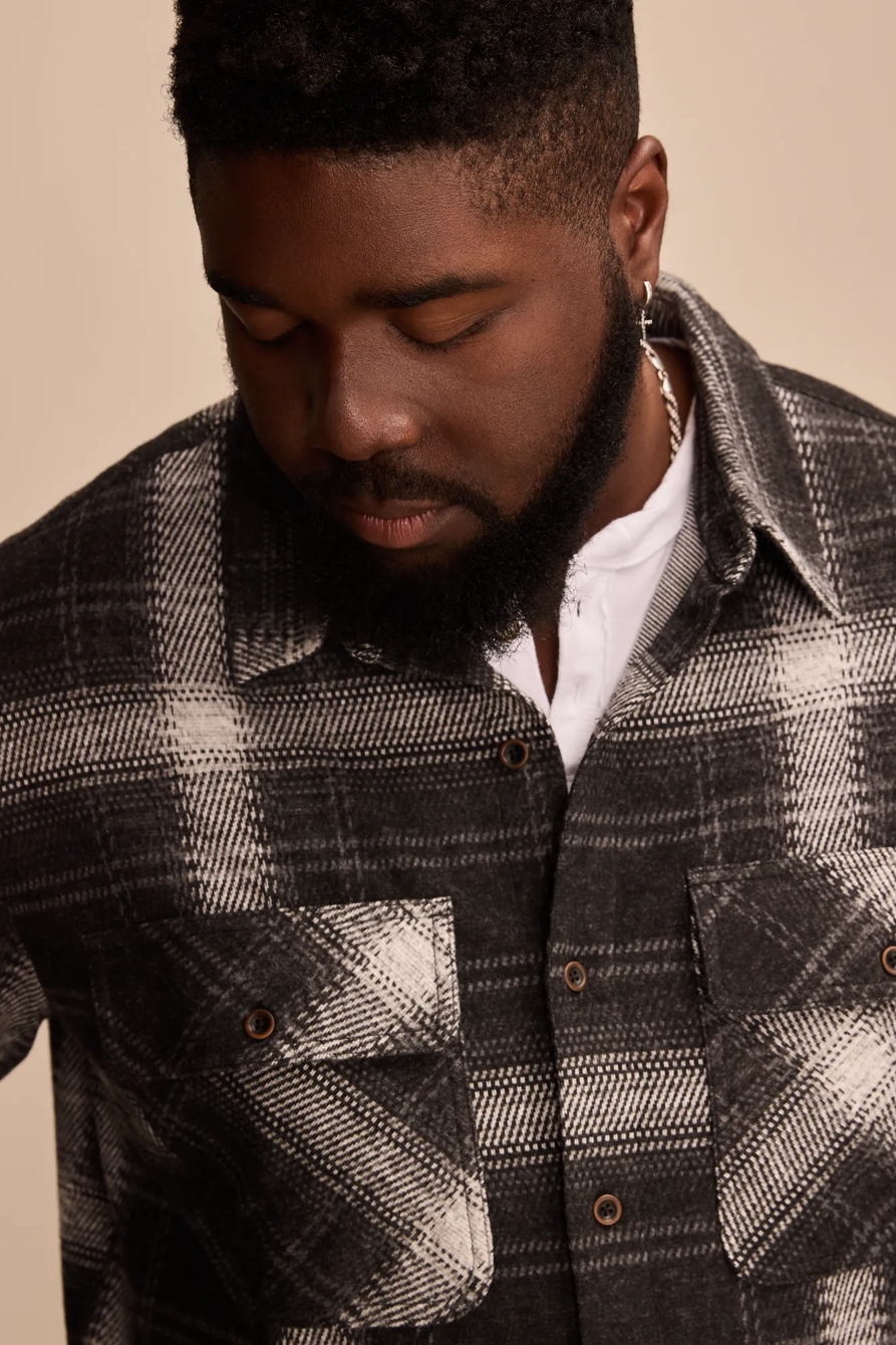 BIG & TALL LONG SLEEVE BRUSHED KNIT SHIRT — BLACK MULTI — image 2