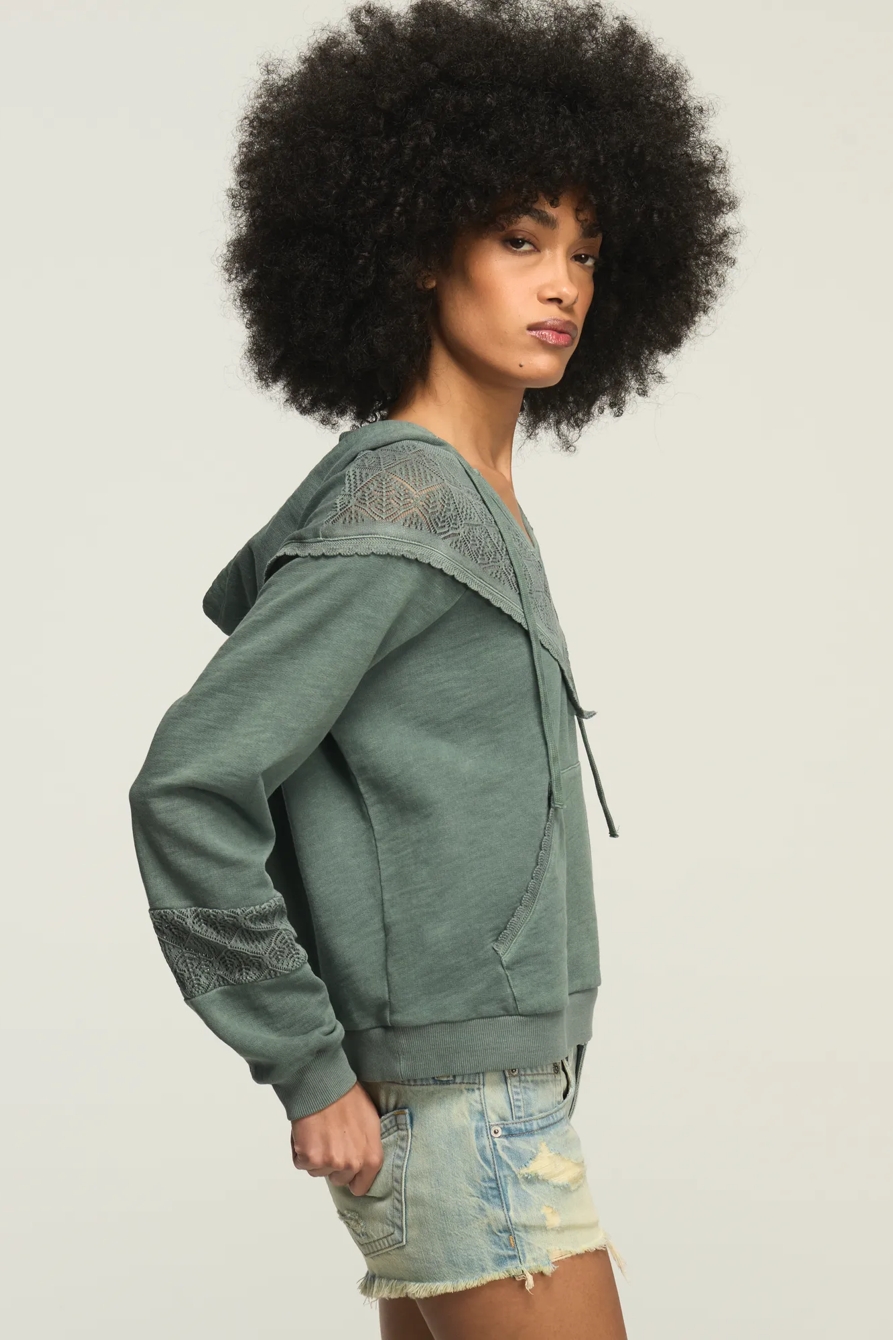 CROCHET YOKE FLEECE HOODIE — BALSAM GREEN — image 4