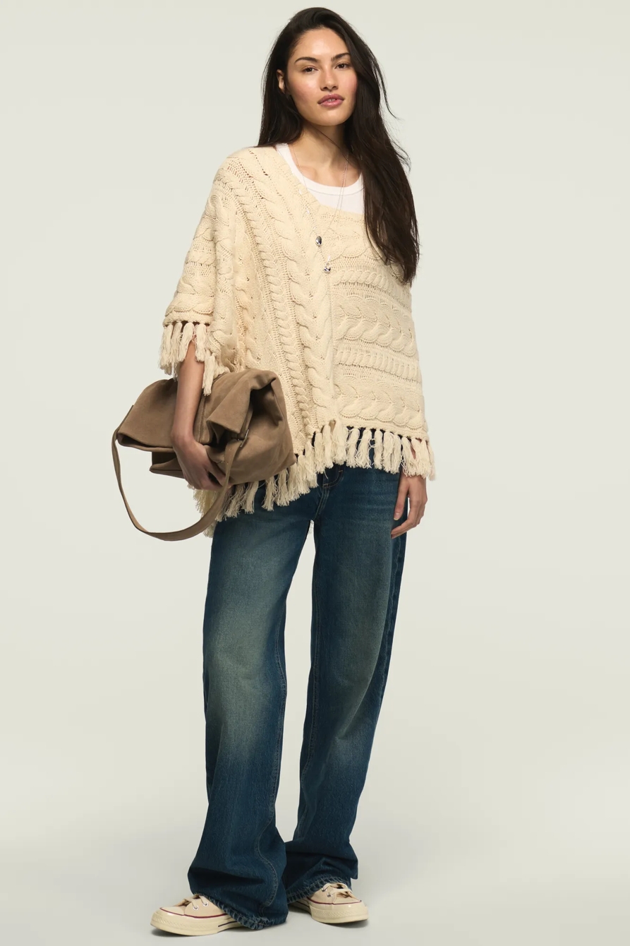 CABLE PONCHO SWEATER — WHITECAP GRAY — image 1
