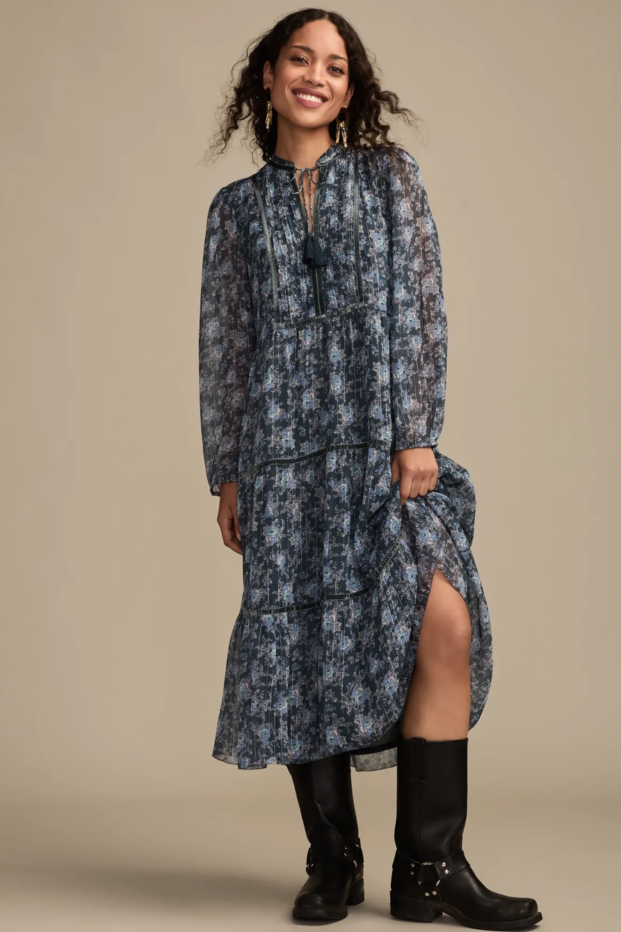 FLORAL LONG SLEEVE MIDI DRESS — BLUE FLORAL — image 1