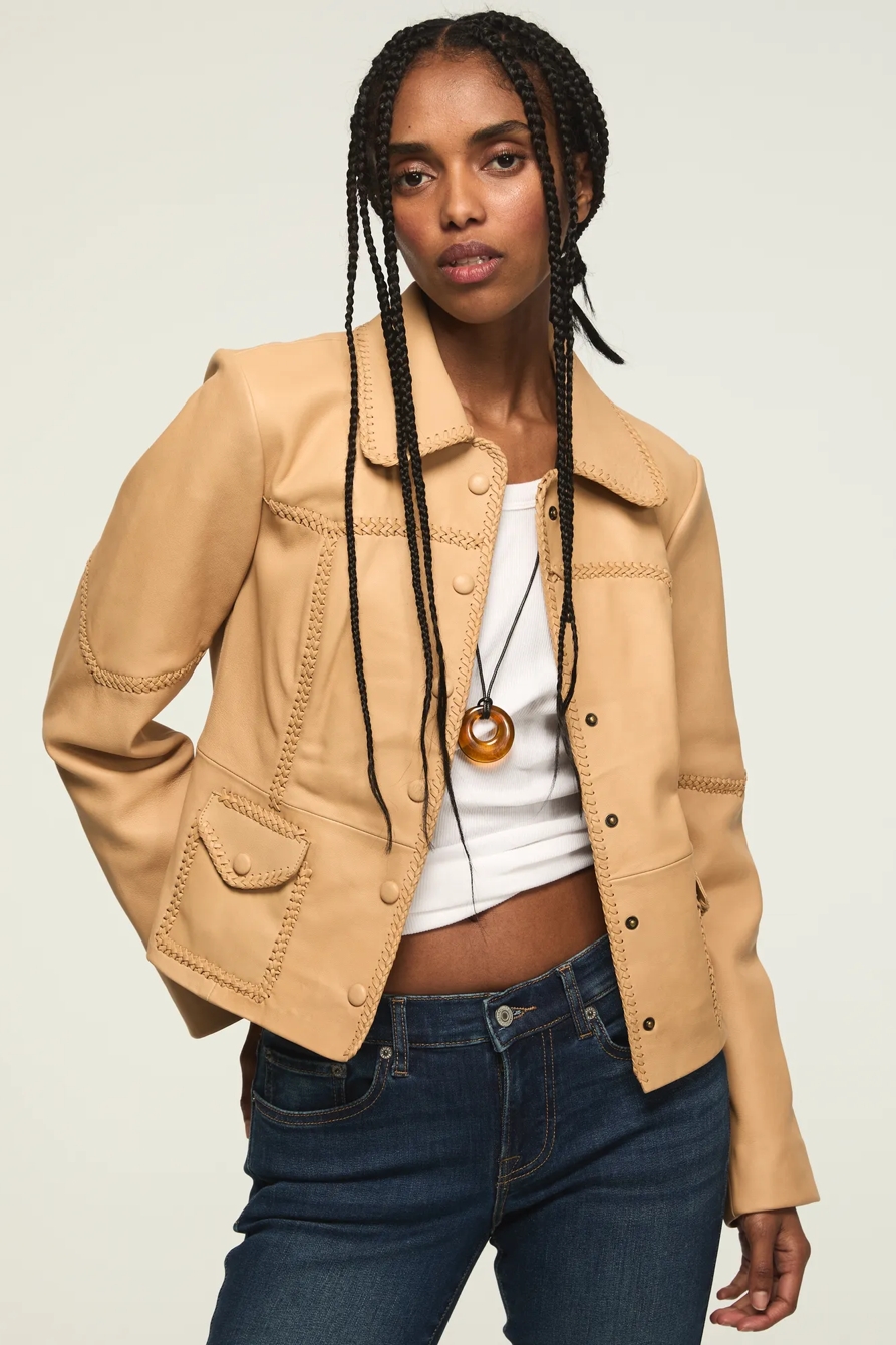 FESTIVAL BRAIDED SEAMED LEATHER JACKET — TAN — image 1