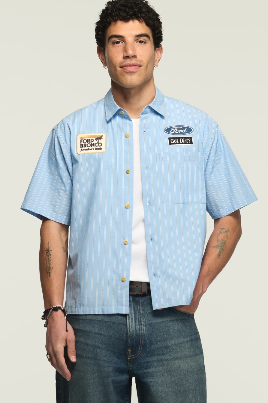 FORD BRONCO SHORT SLEEVE BUTTON DOWN SHIRT — BLUE MULTI STRIPE — image 6