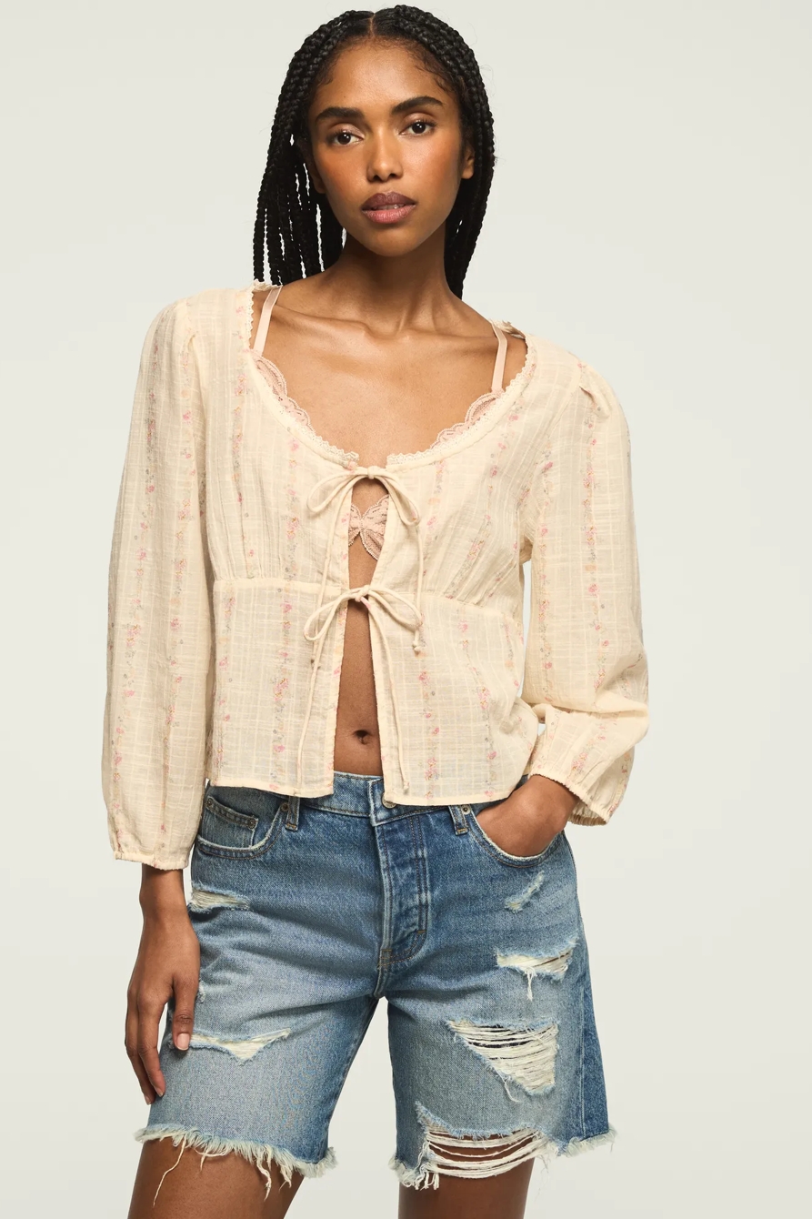 FESTIVAL CUTWORK FLYAWAY BLOUSE — CREAM FLORAL STRIPE — image 1