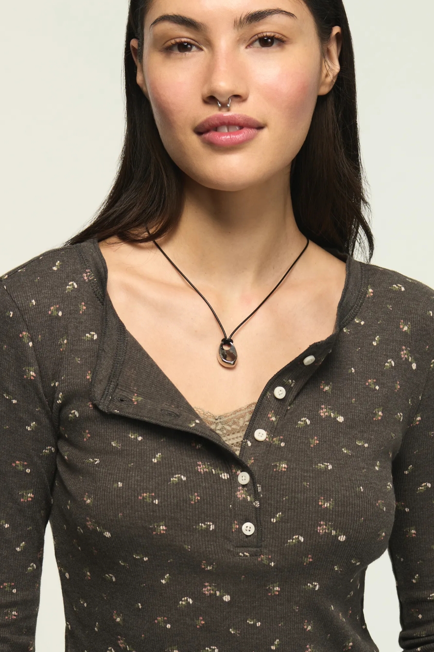 Long Sleeve Ribbed Henley — Black Floral — image 5