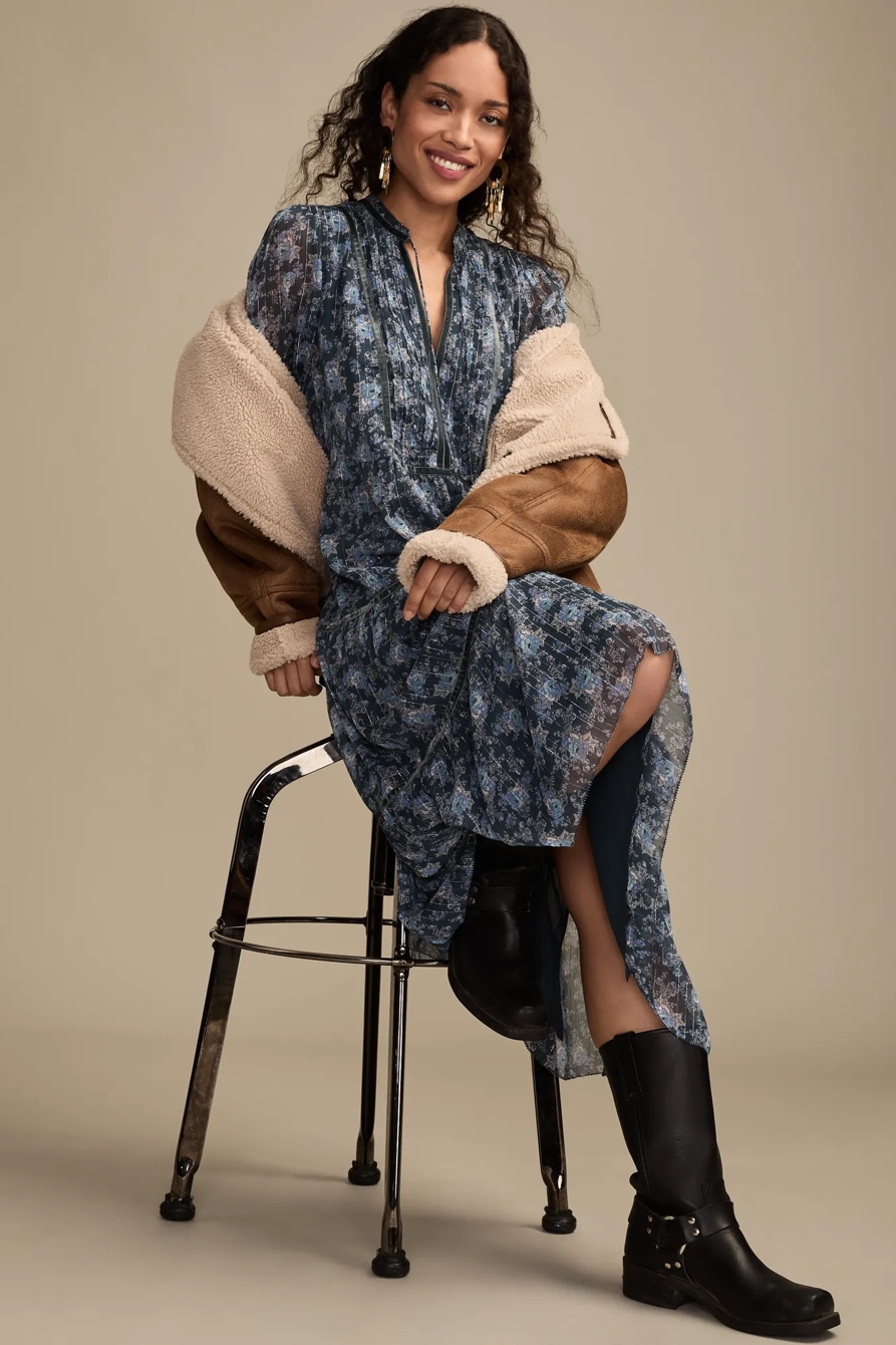 FLORAL LONG SLEEVE MIDI DRESS — BLUE FLORAL — image 2