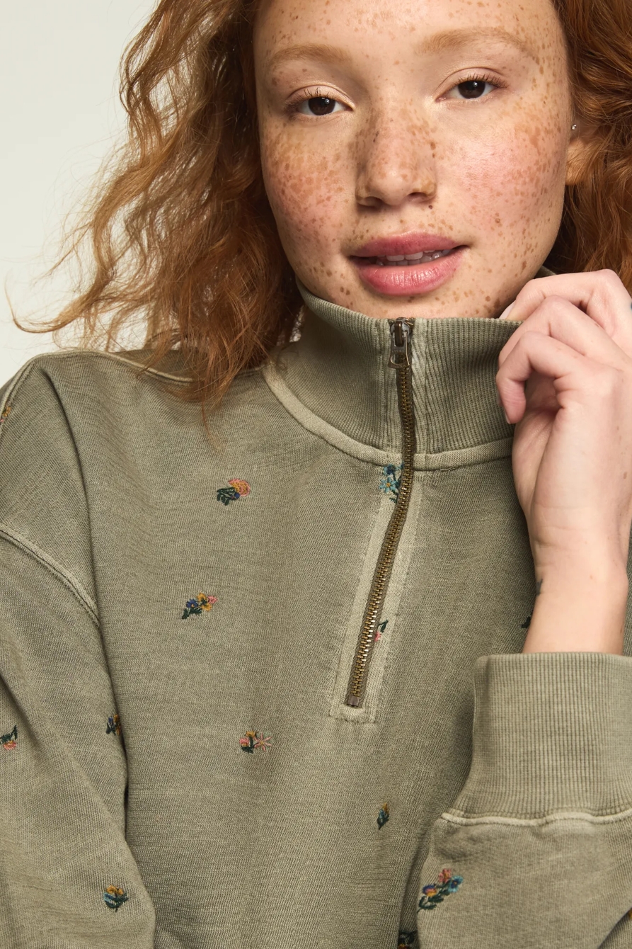 EMBROIDERED QUARTER ZIP PULLOVER — Dusty Olive — image 6