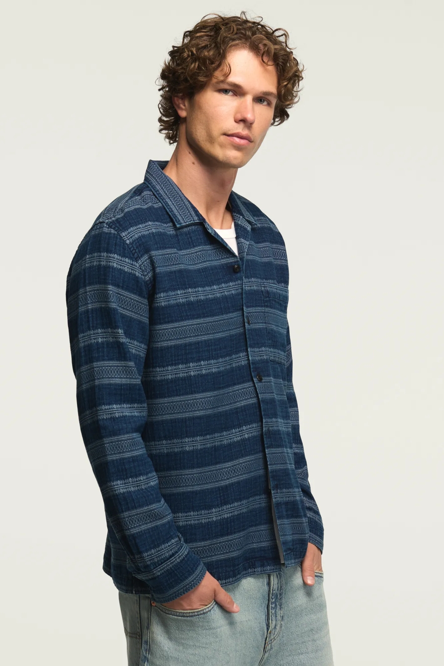 LONG SLEEVE INDIGO JACQUARD CAMP COLLAR SHIRT — INDIGO — image 4