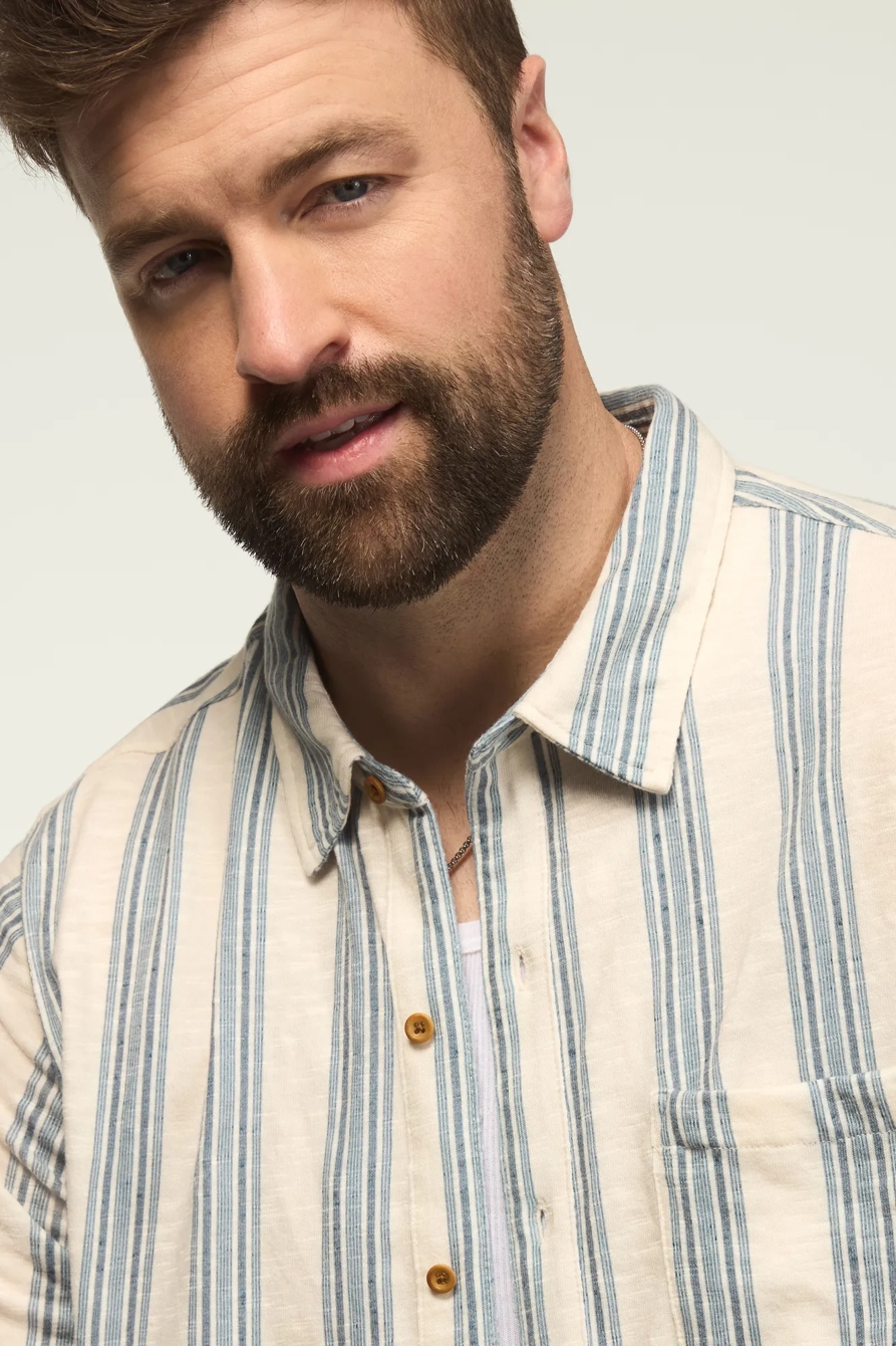 BIG AND TALL LINEN SHORT SLEEVE OMBRE STRIPE SHIRT — BLUE MULTI — image 5