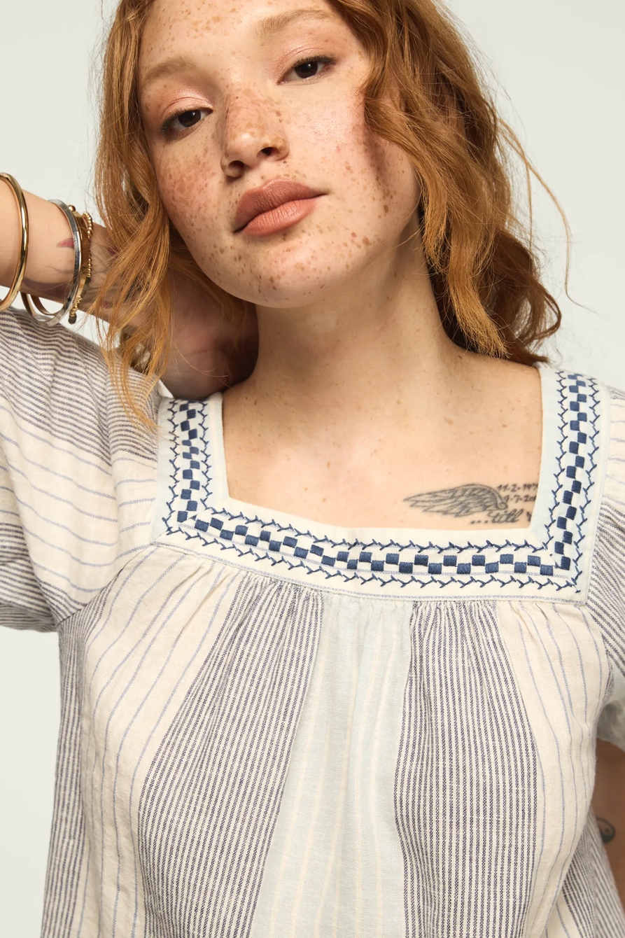 SQUARE NECK STRIPED EMBROIDERED TOP — BLUE STRIPE — image 5