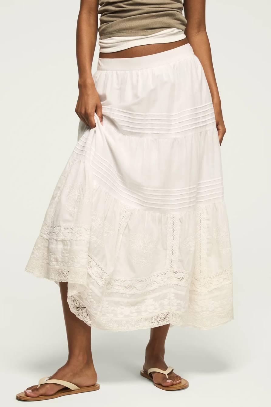 FESTIVAL LACE TRIM MIX MIDI SKIRT — WHISPER WHITE — image 2