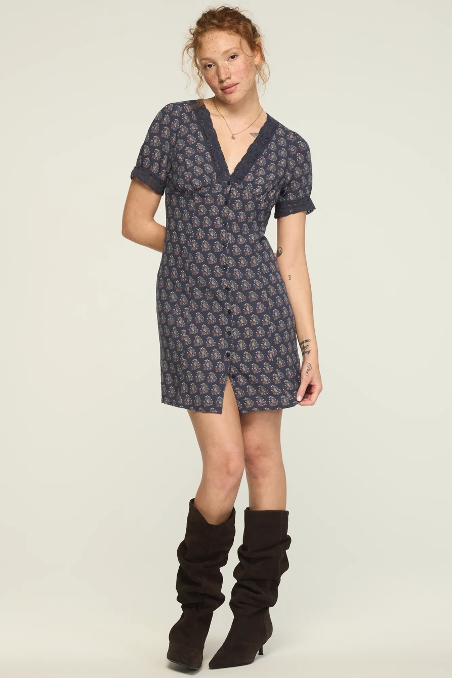 LACE TRIMMED SHORT SLEEVE MINI DRESS — NAVY FLORAL — image 5