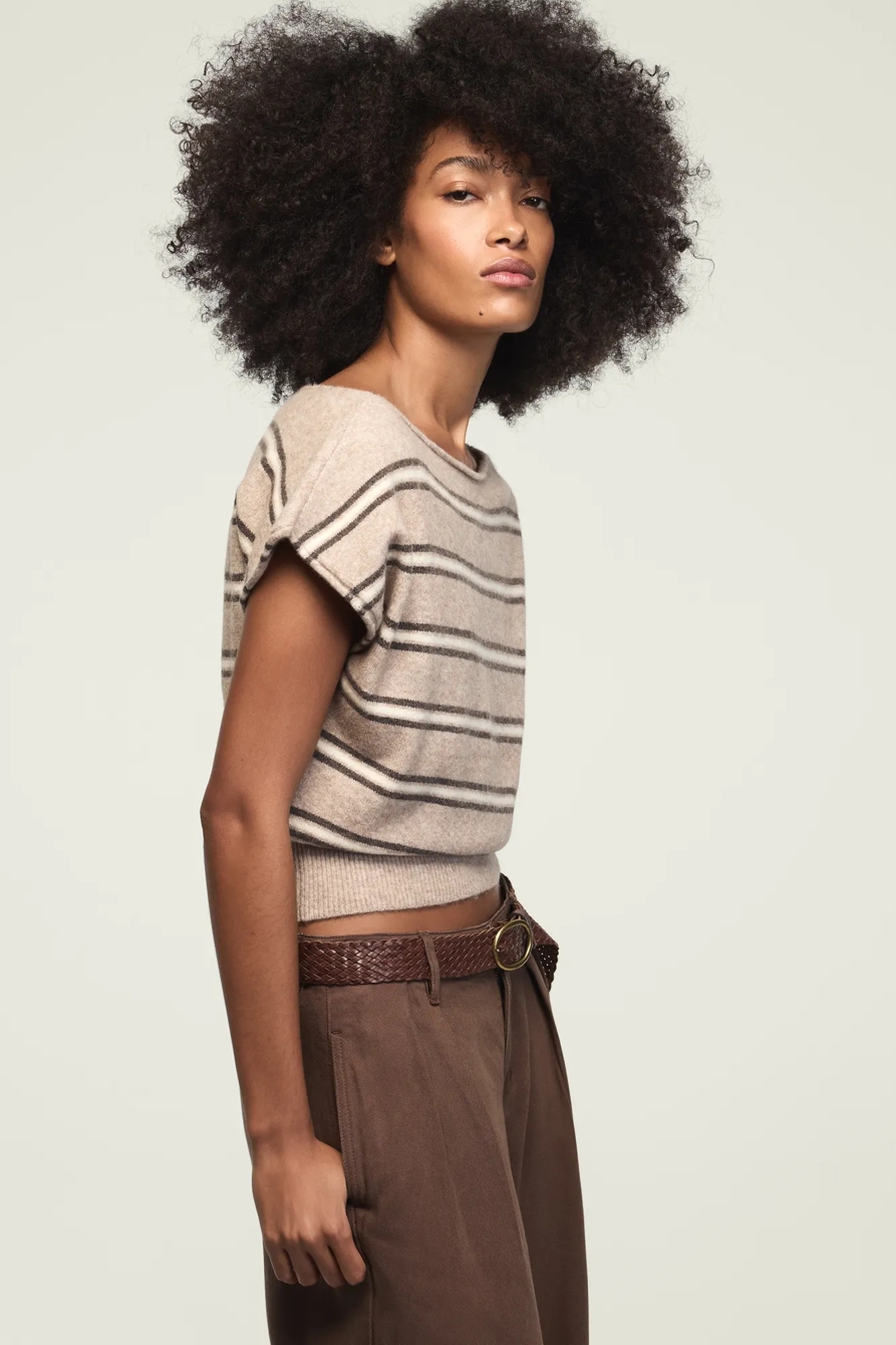 STRIPED BOAT NECK SWEATER TEE — OATMEAL HTR — image 4