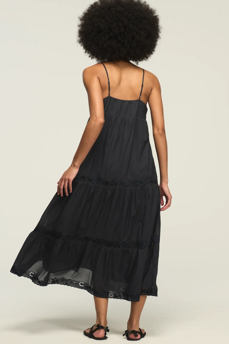 EMBROIDERED TIERED BUTTON THROUGH MIDI DRESS — INDIA INK — image 3