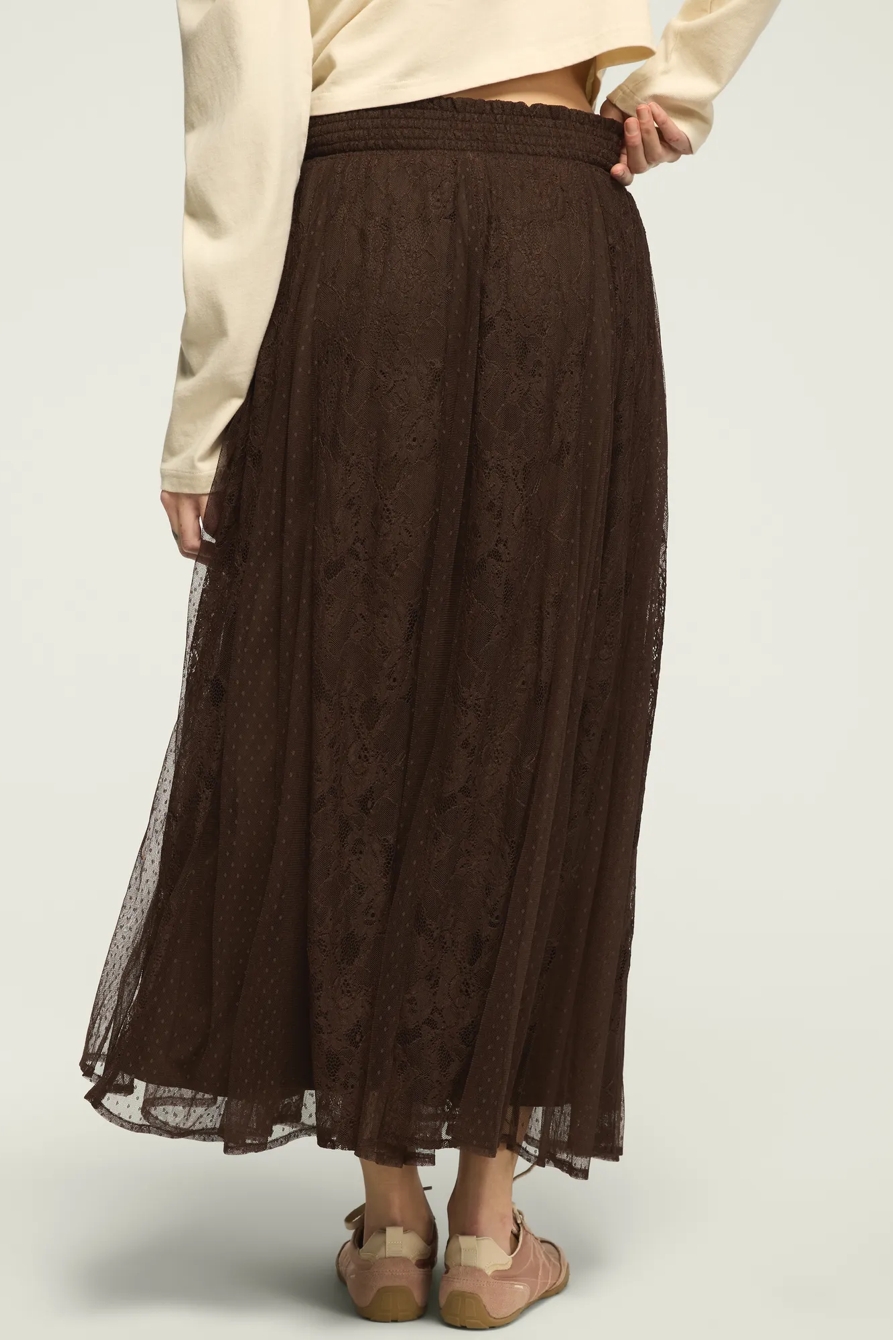 ALLOVER LACE MIDI SKIRT — Chocolate Brown — image 3